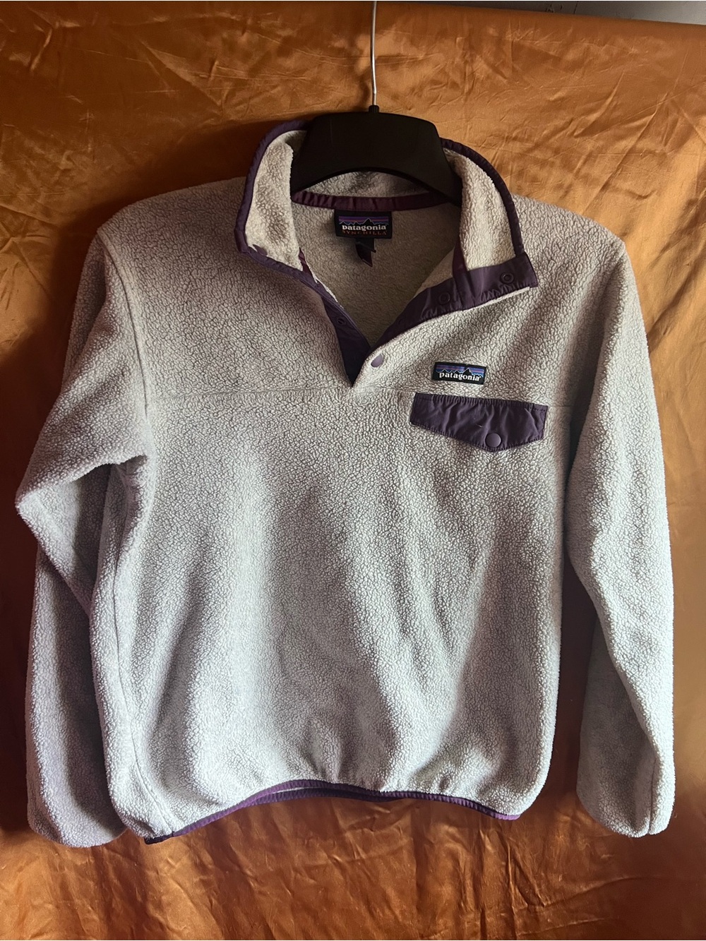 Patagonia Women’s S Synchilla Fleece- Light Gray with Purple Trim